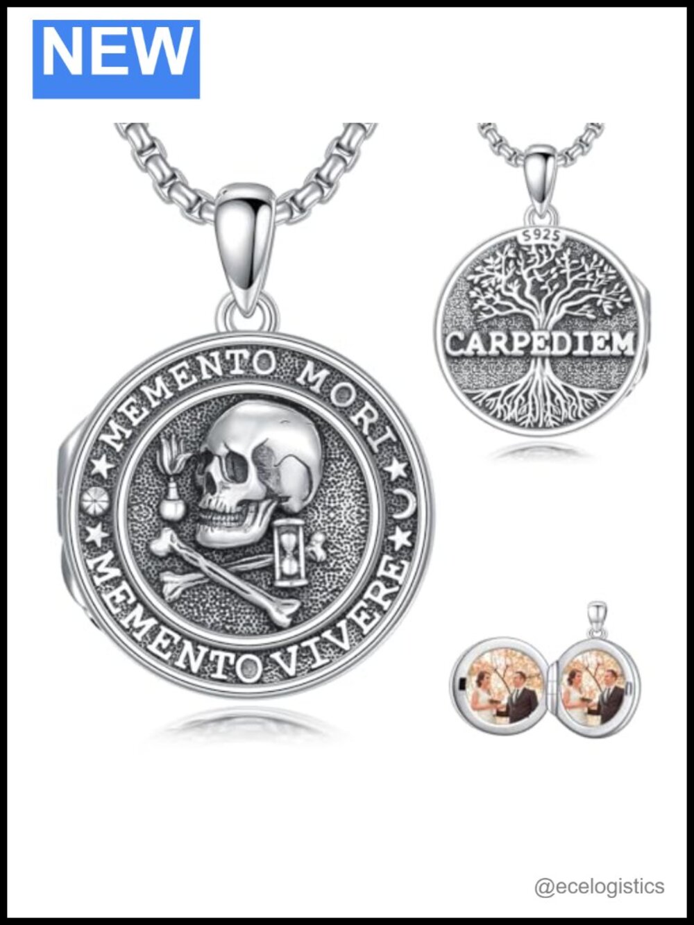 925 Sterling Silver Memento Mori Skull Locket Necklace